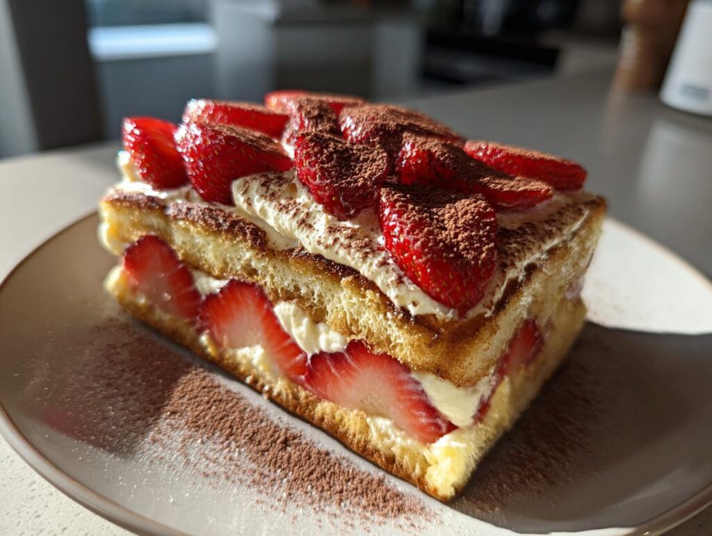 Porción de tiramisú de fresa con fresas frescas, crema y cacao en polvo en un plato.