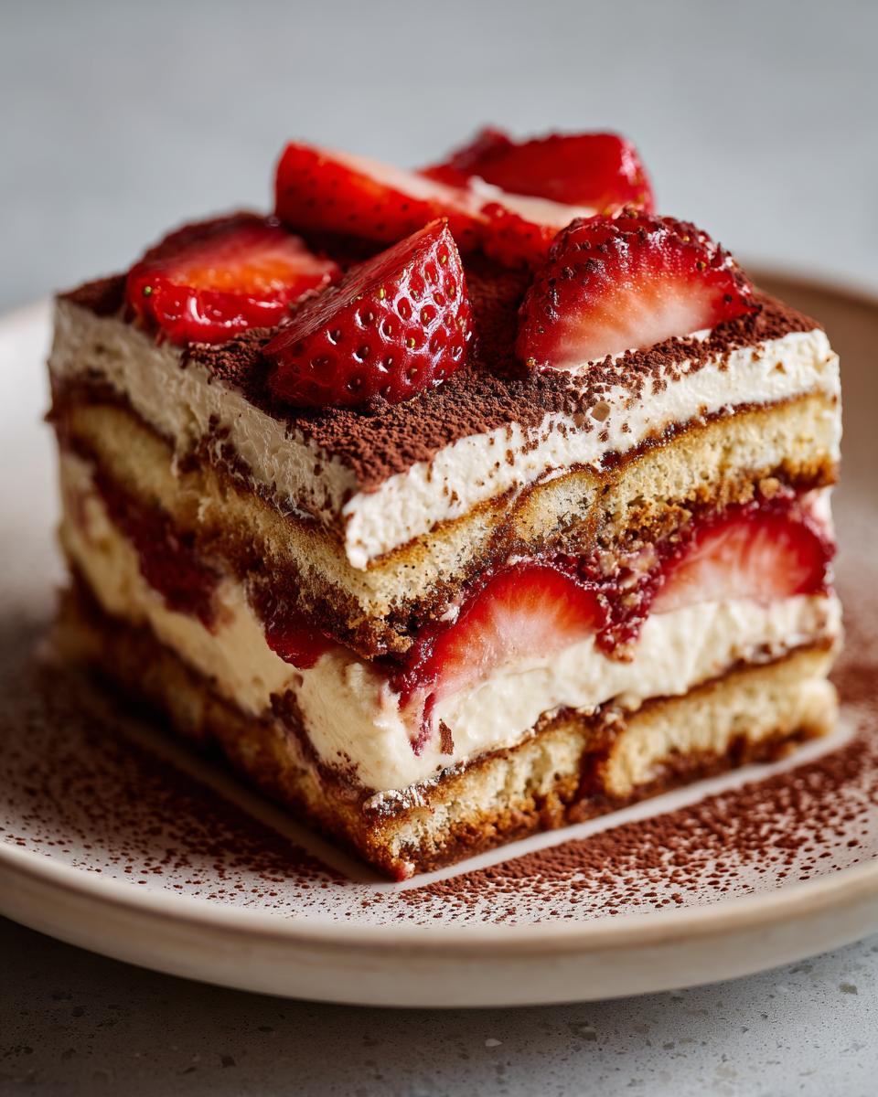 Porción de tiramisú de fresa con capas de crema, bizcocho y fresas frescas en plato blanco.