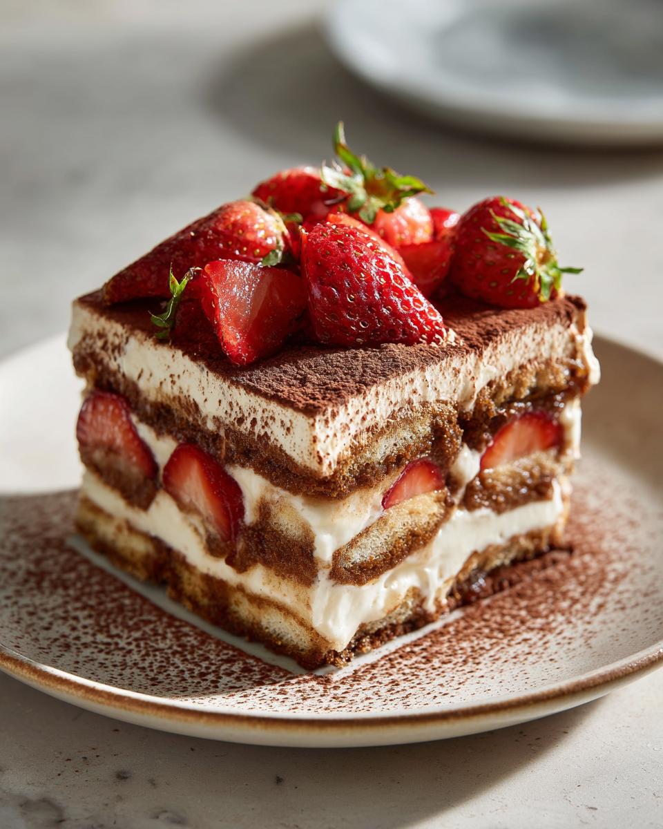 Rebanada de tiramisú de fresa con capas de crema, bizcochos y fresas frescas encima