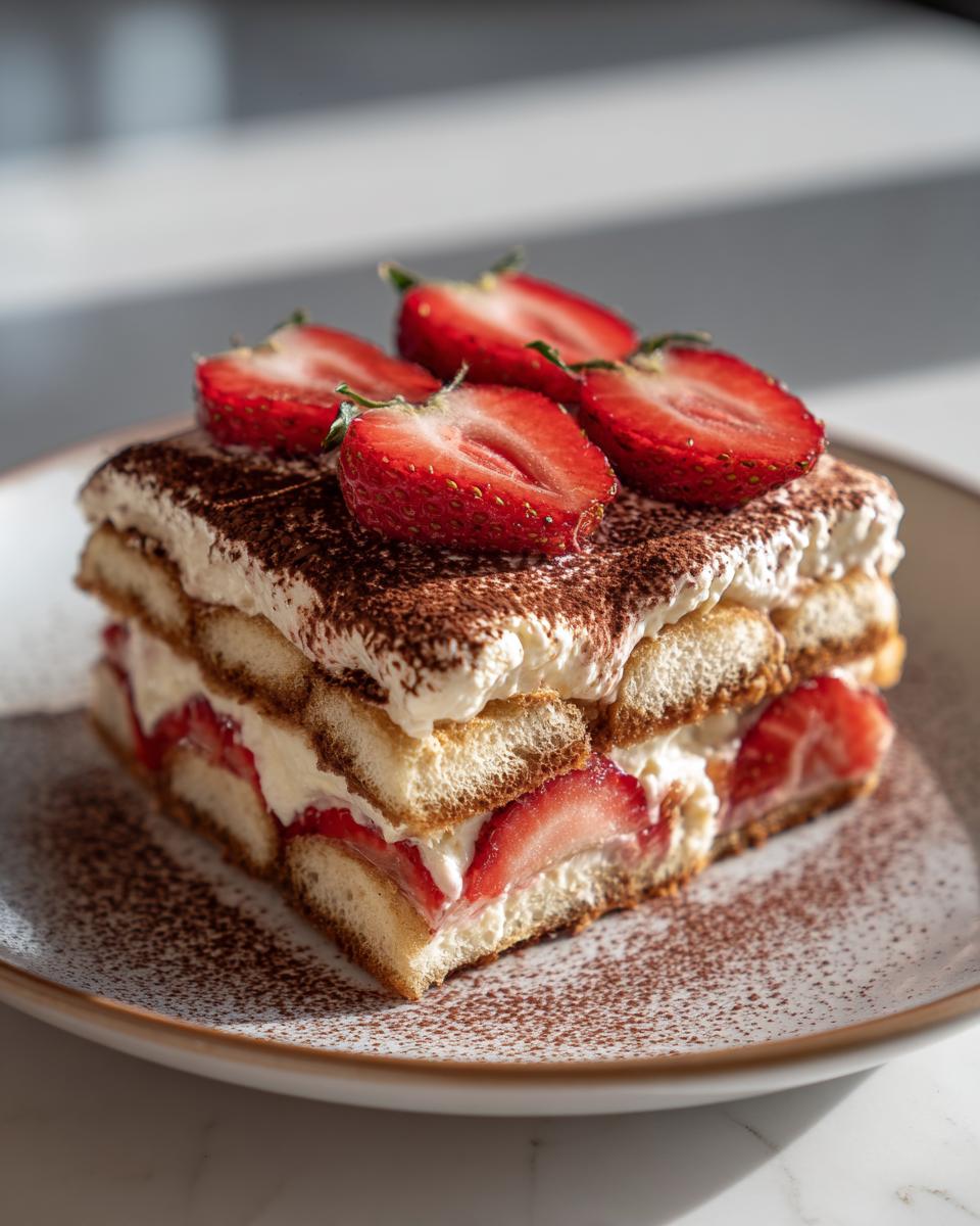 Porción de tiramisú de fresa con capas de crema, bizcochos y fresas frescas encima.