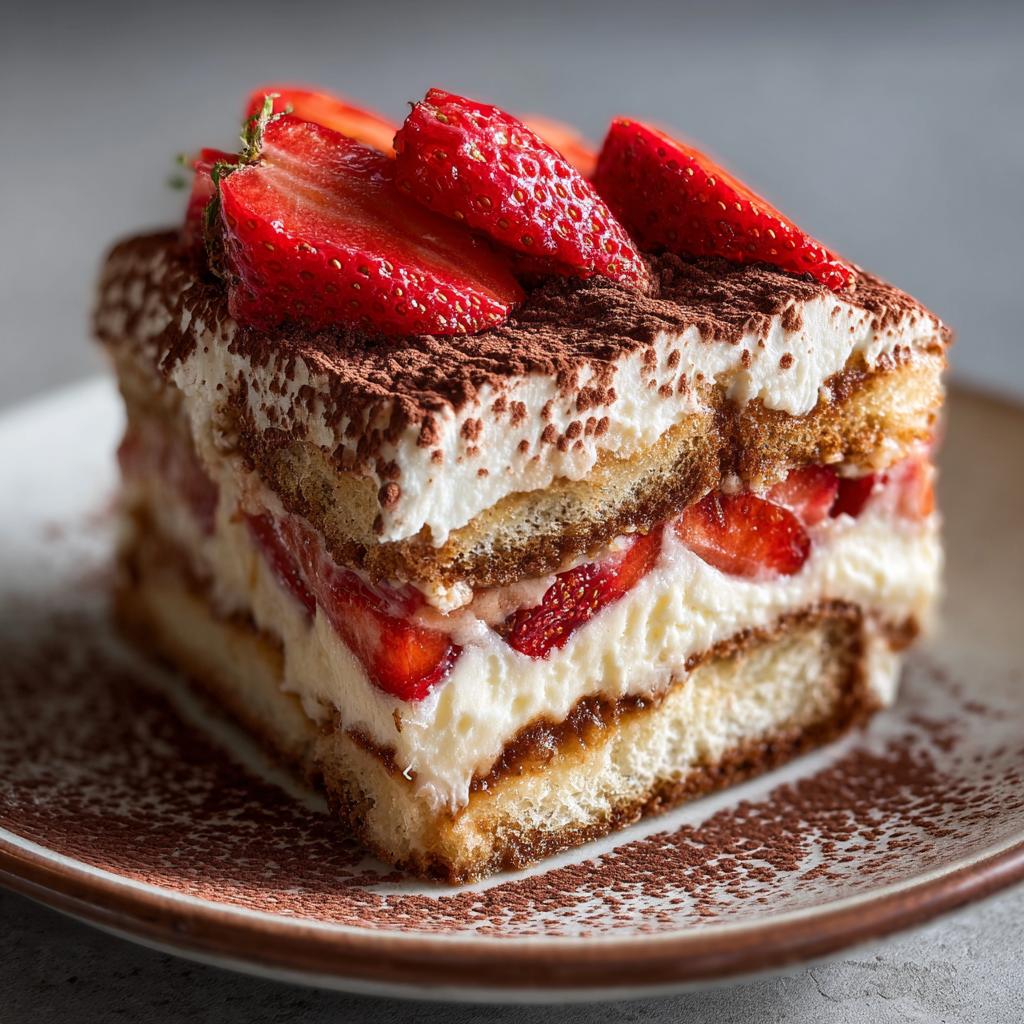 Porción de tiramisú de fresa con capas de crema, bizcocho y fresas frescas en un plato.