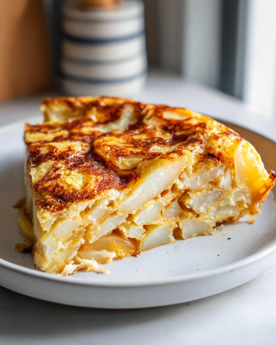 Porción de tortilla de patatas jugosa con textura cremosa y dorada en un plato blanco.