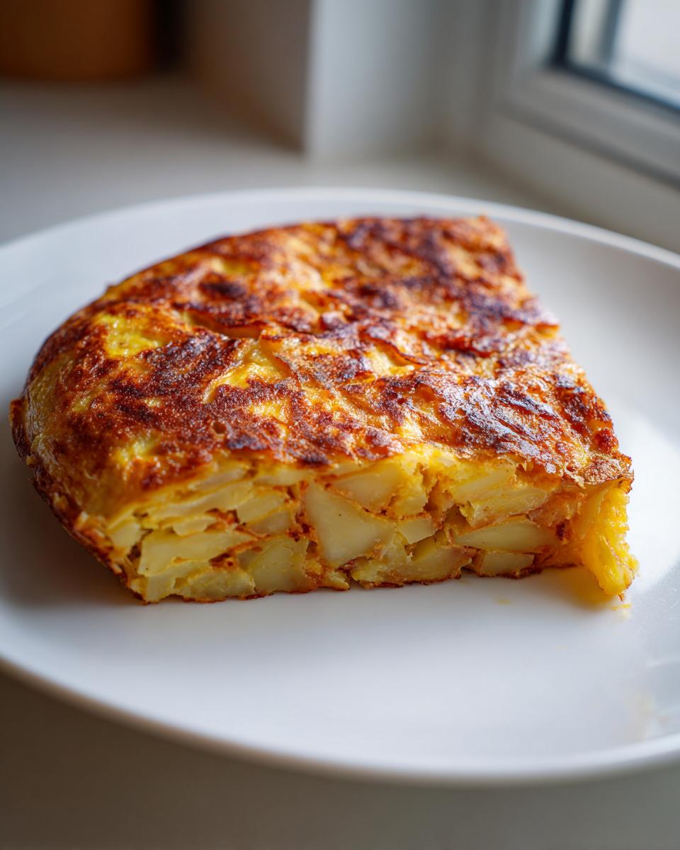 Porción de tortilla española clásica con patatas y huevo en un plato blanco.