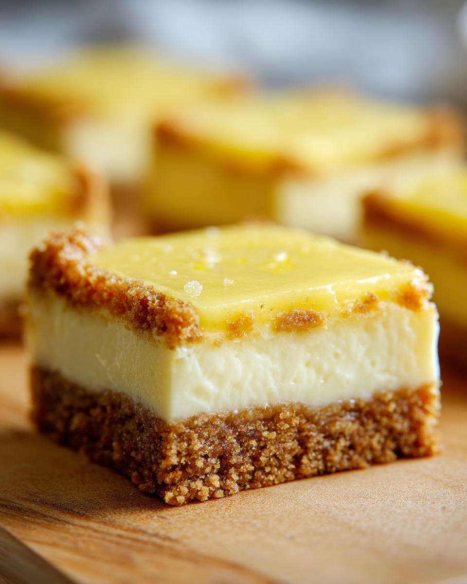 Cuadrado de postre con limón fácil con base de galleta y capa cremosa amarilla