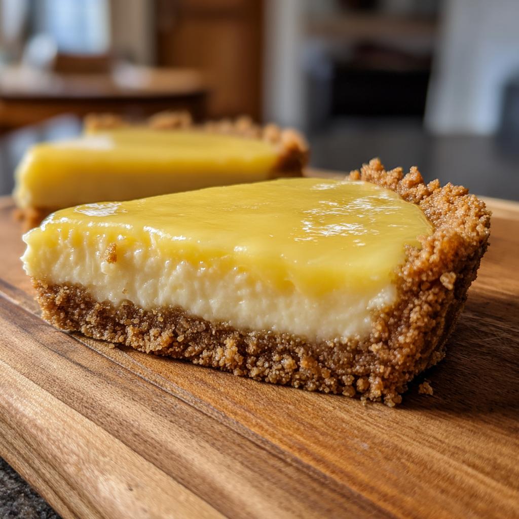 Rebanada de postre con limón fácil con base crujiente y relleno cremoso sobre tabla de madera
