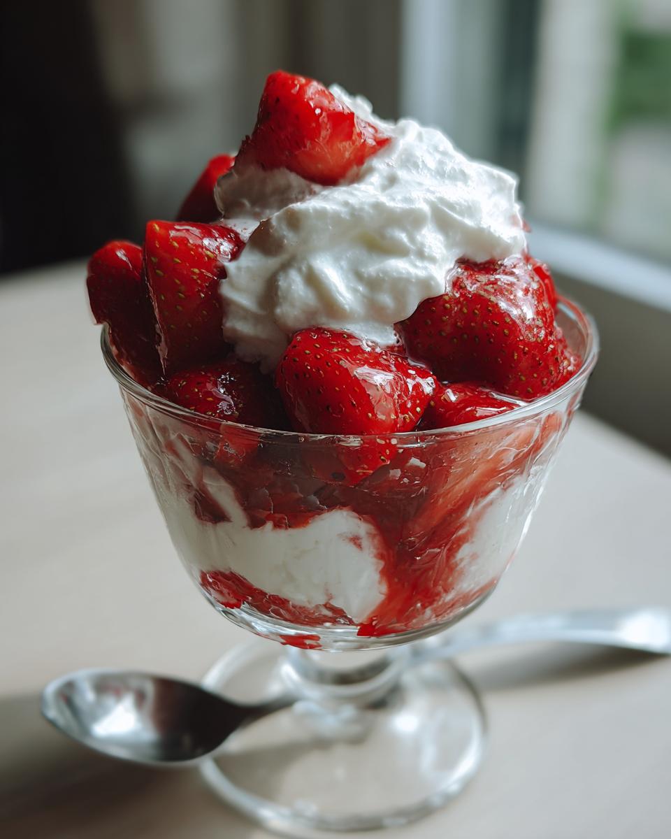 Copa de vidrio con postres con fresas y crema batida encima