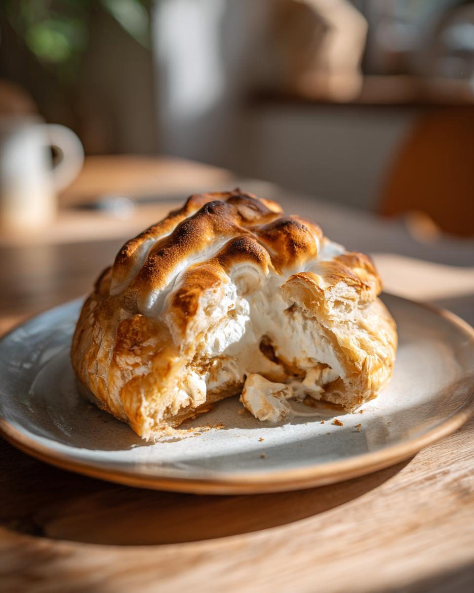 Postre de Pascua con merengue tostado y masa hojaldrada en un plato blanco