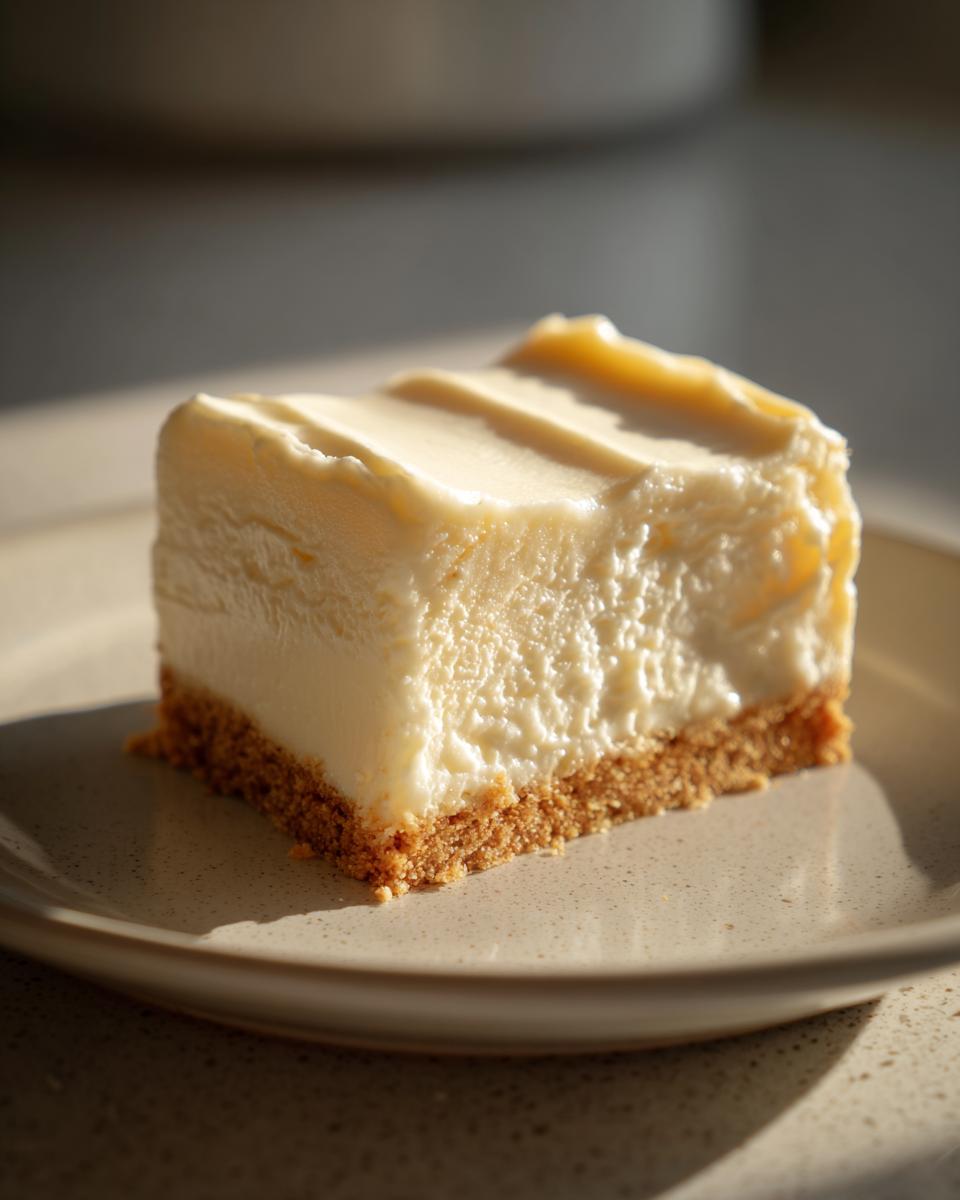 Porción de postre sin horno cremoso con base de galleta en plato beige.