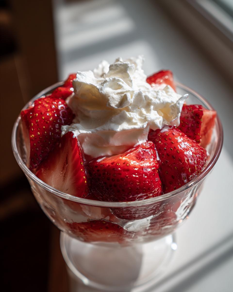 Copa de cristal con fresas frescas y crema batida, postres con fresas.