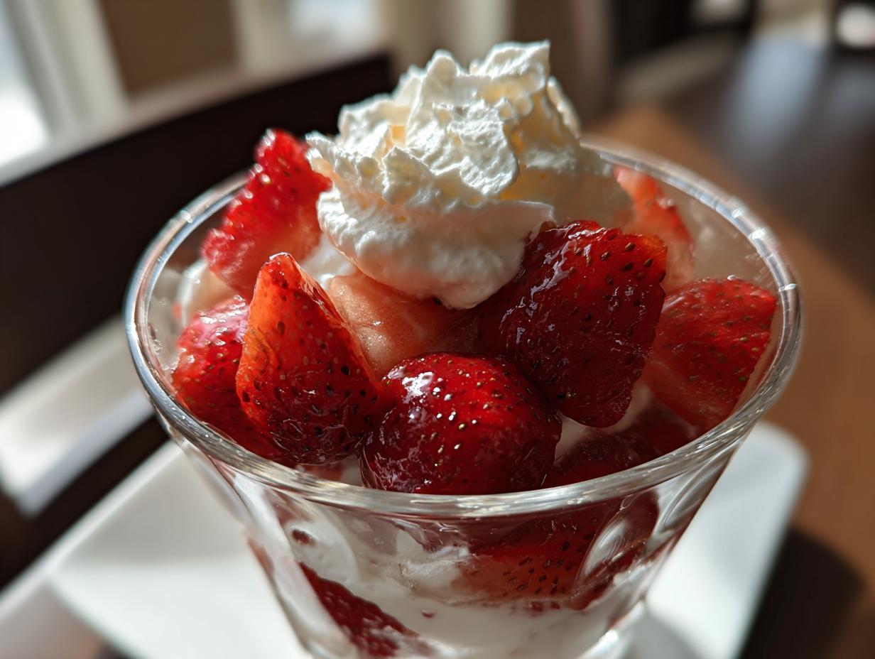 Vaso con postres con fresas frescas y crema batida encima, sobre plato blanco.
