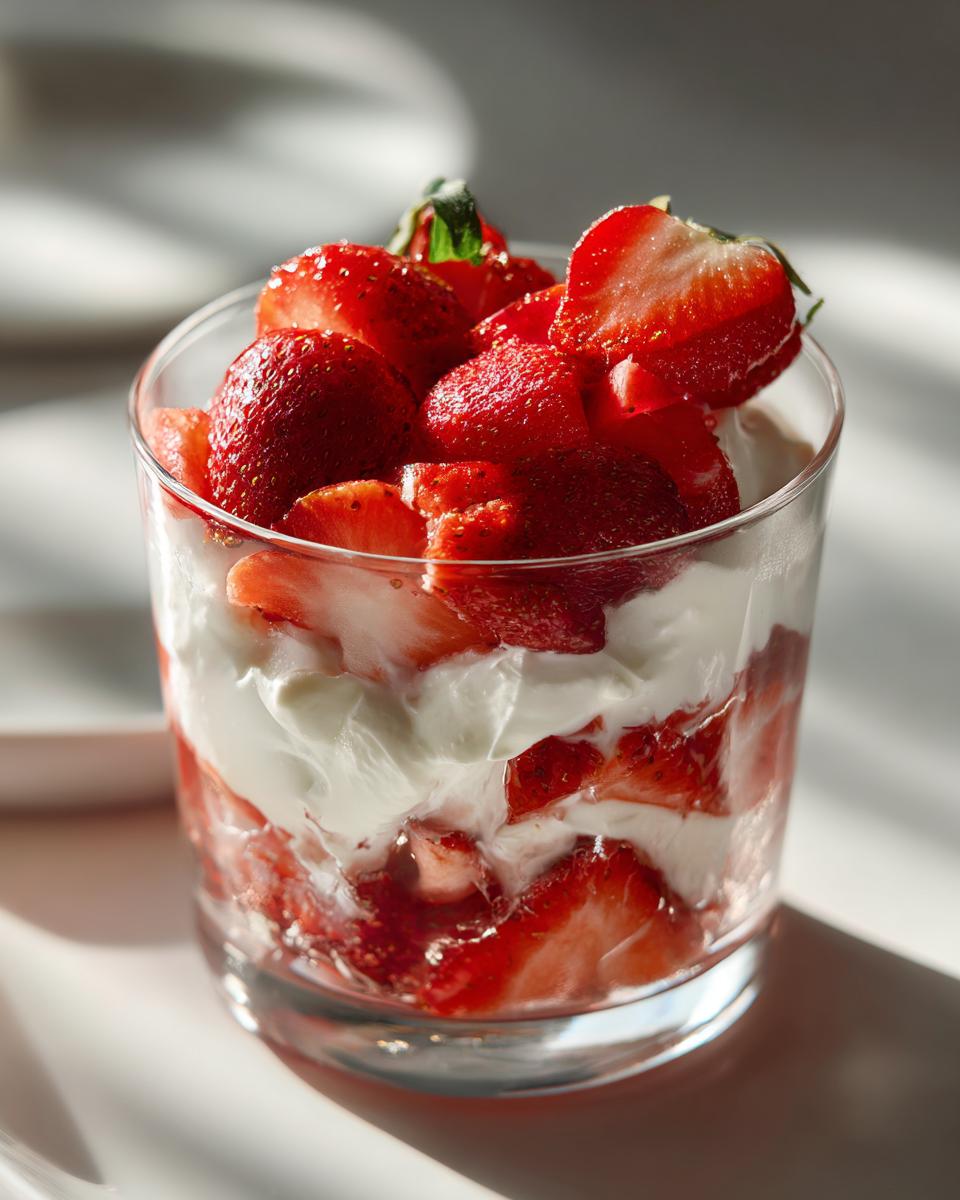 Vaso con postres con fresas frescas y crema blanca en capas.