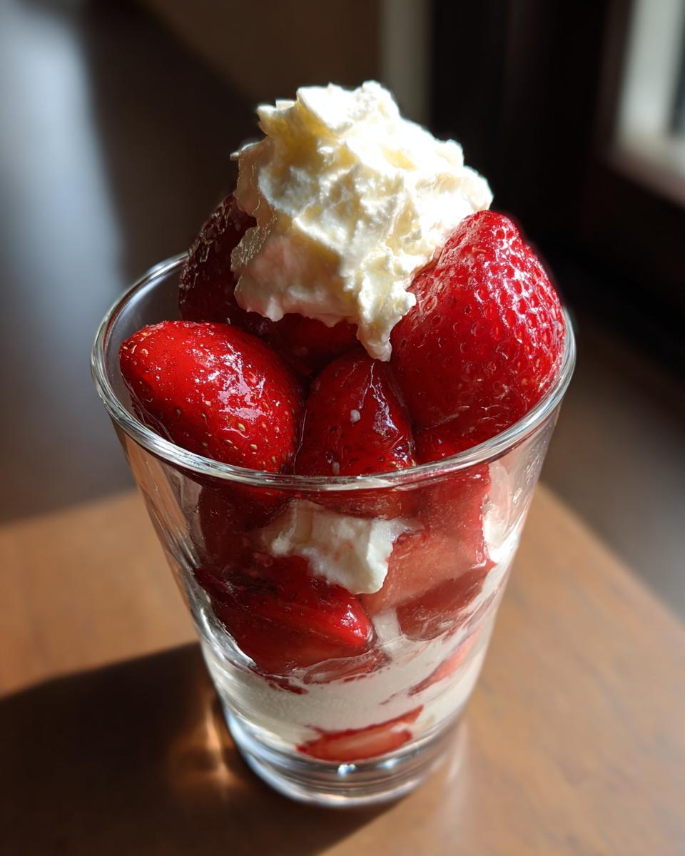 Vaso con postres con fresas y crema batida sobre mesa de madera