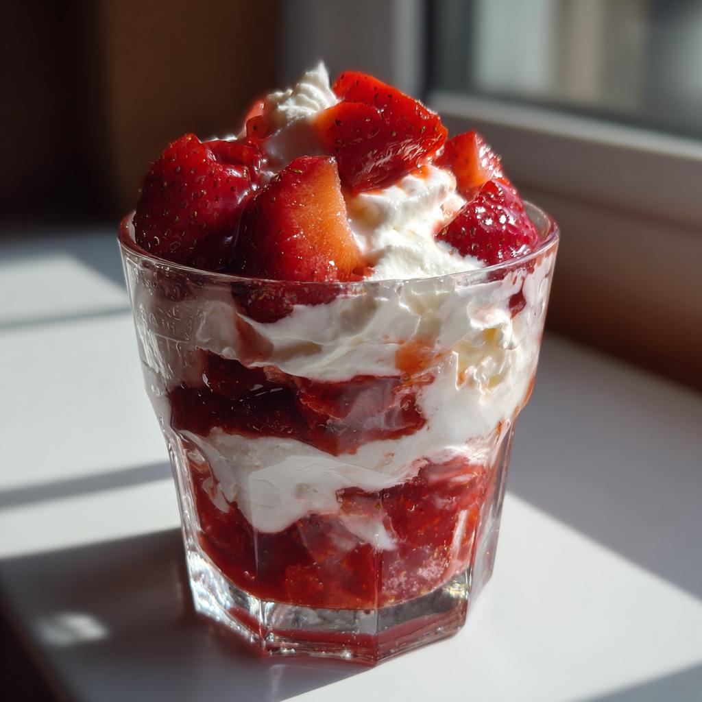 Vaso con postres con fresas y crema batida en capas, luz natural