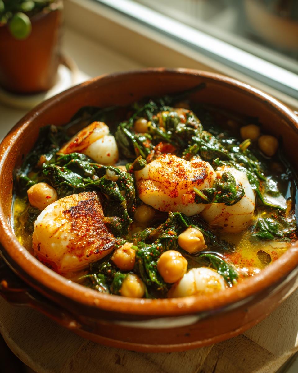 Tazón de barro con potaje de vigilia con bacalao, garbanzos y espinacas al vapor