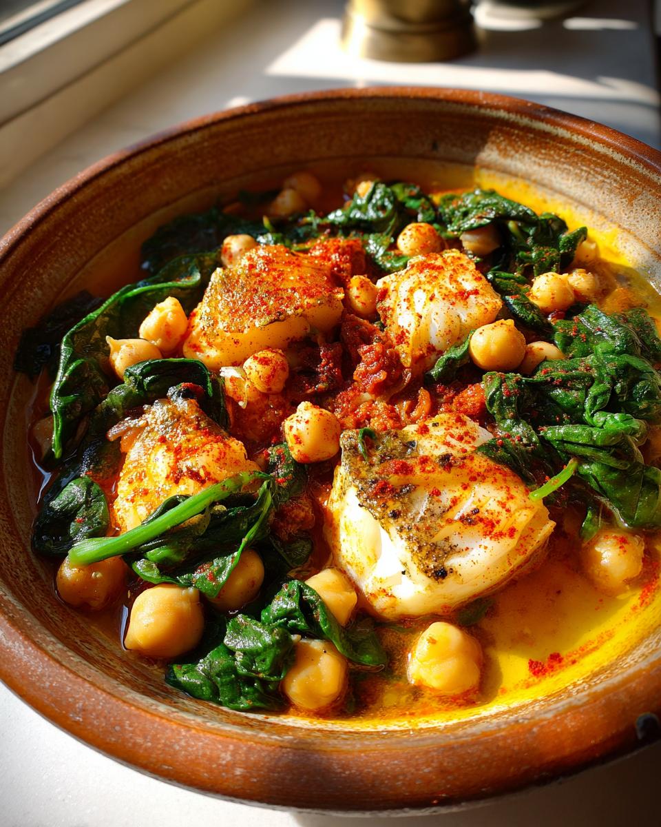 Plato de potaje de vigilia con bacalao, garbanzos y espinacas en cazuela de barro