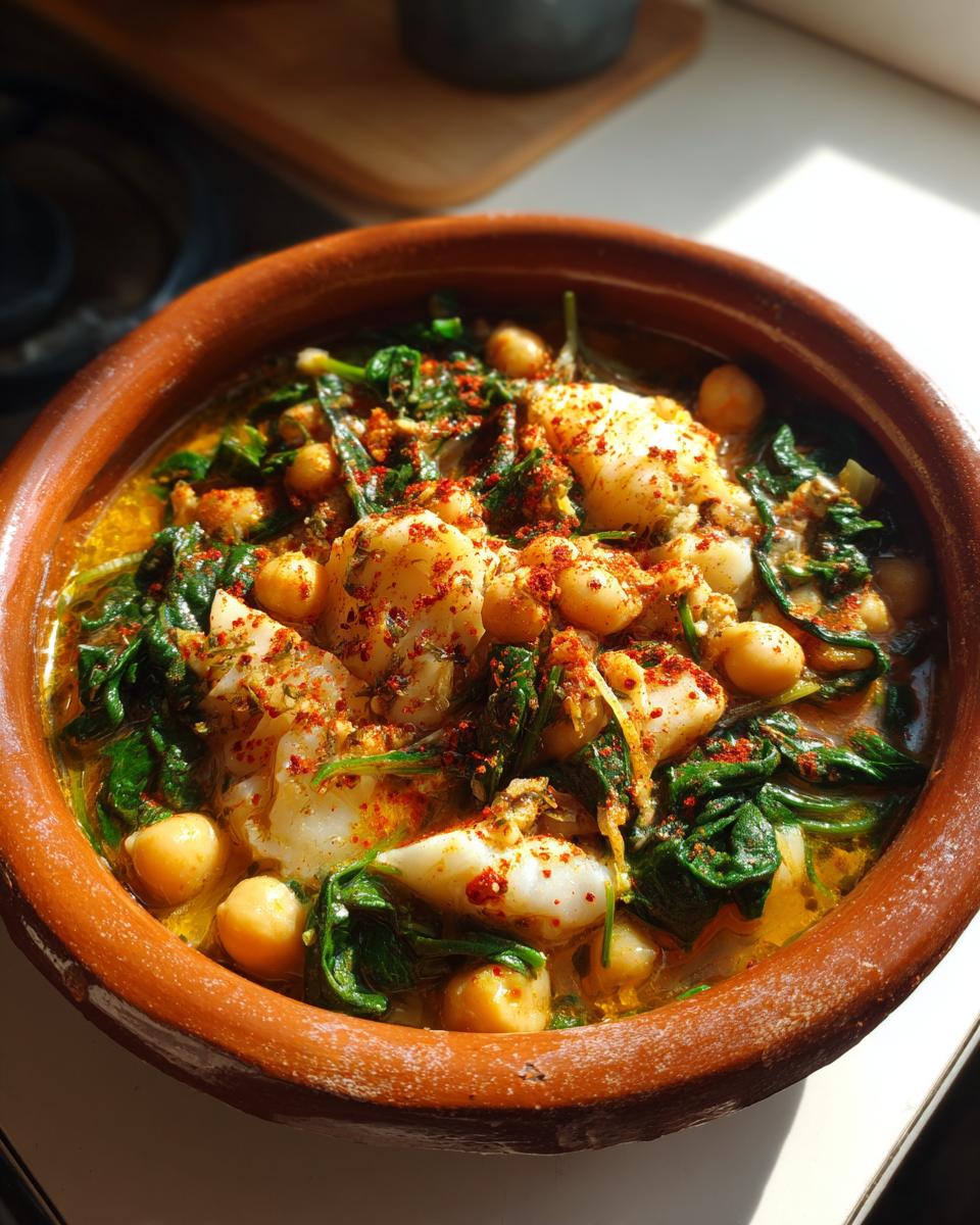 Cazuela de barro con potaje de vigilia con garbanzos, espinacas y bacalao espolvoreado con pimentón