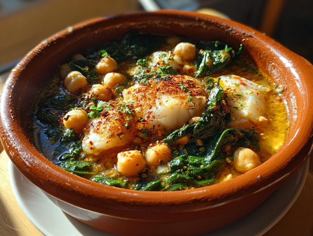Cazuela de barro con potaje de vigilia con garbanzos, espinacas y bacalao