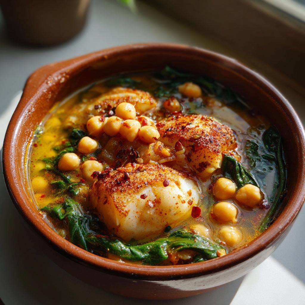 Tazón de potaje de vigilia con garbanzos, espinacas y bacalao espolvoreado con pimentón