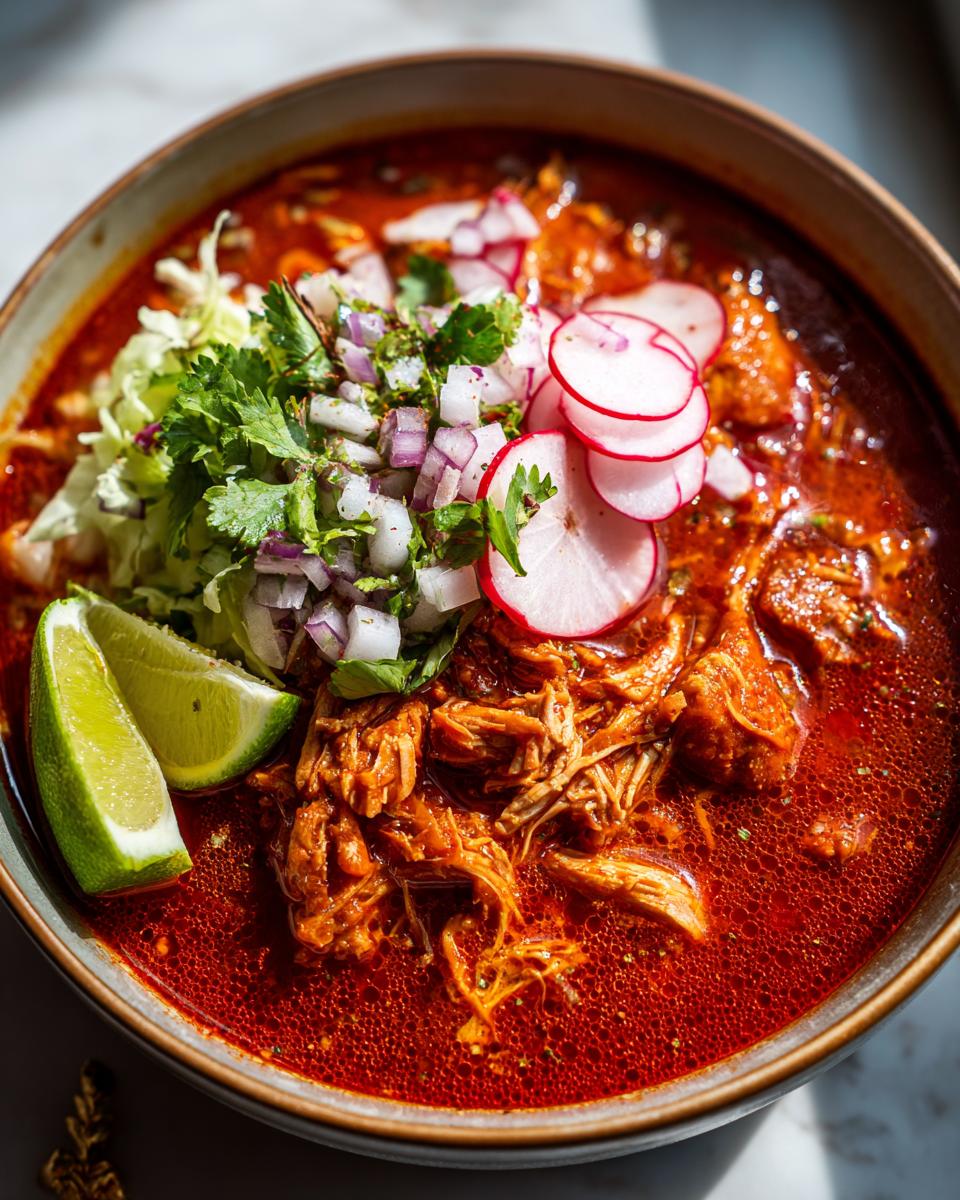 Tazón de pozole rojo con carne deshebrada, rábanos, cebolla, cilantro y limón.