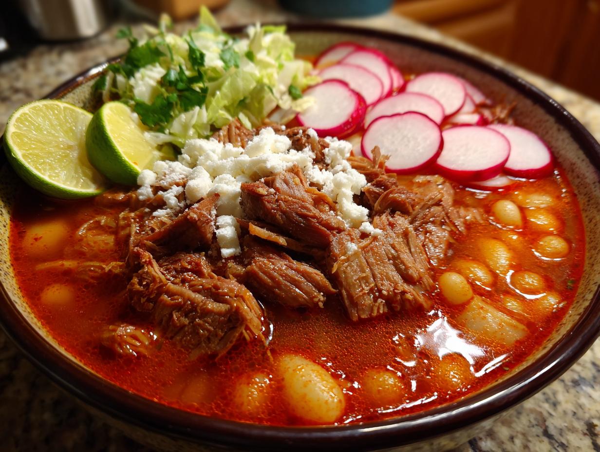 Tazón de pozole rojo con carne deshebrada, rábanos, lechuga, queso y limón.