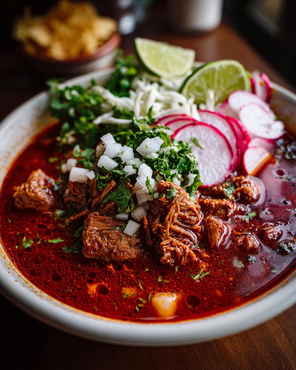 Tazón de pozole rojo con carne deshebrada, cebolla, cilantro, rábanos y limón
