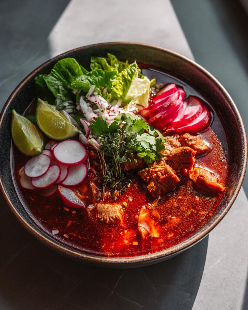 Tazón de pozole rojo con carne, rábanos, lechuga, limón y cilantro fresco