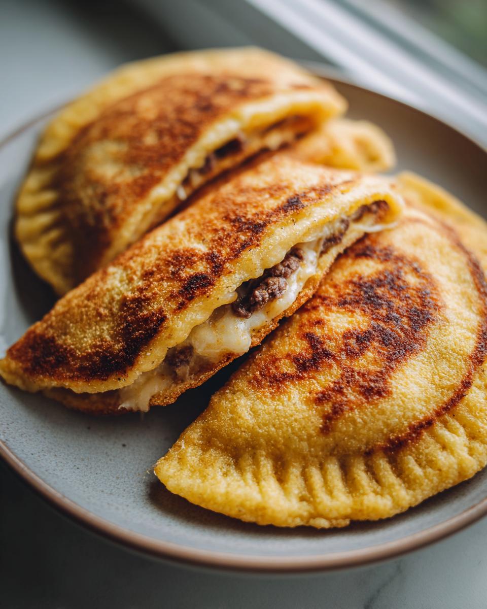 Pupusas salvadoreñas doradas rellenas de queso y carne en un plato gris