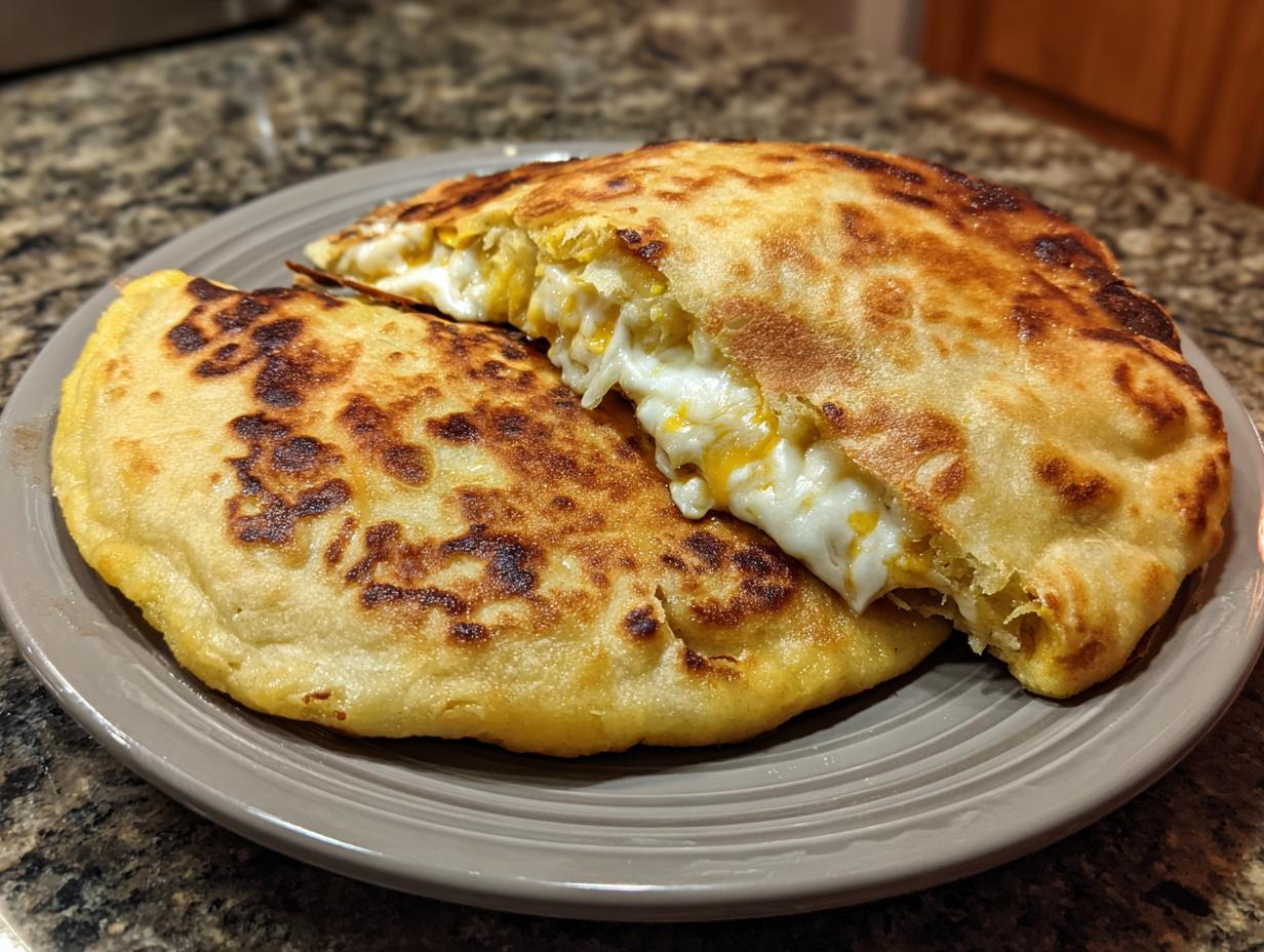 Dos pupusas salvadoreñas doradas, una abierta mostrando queso derretido en su interior.