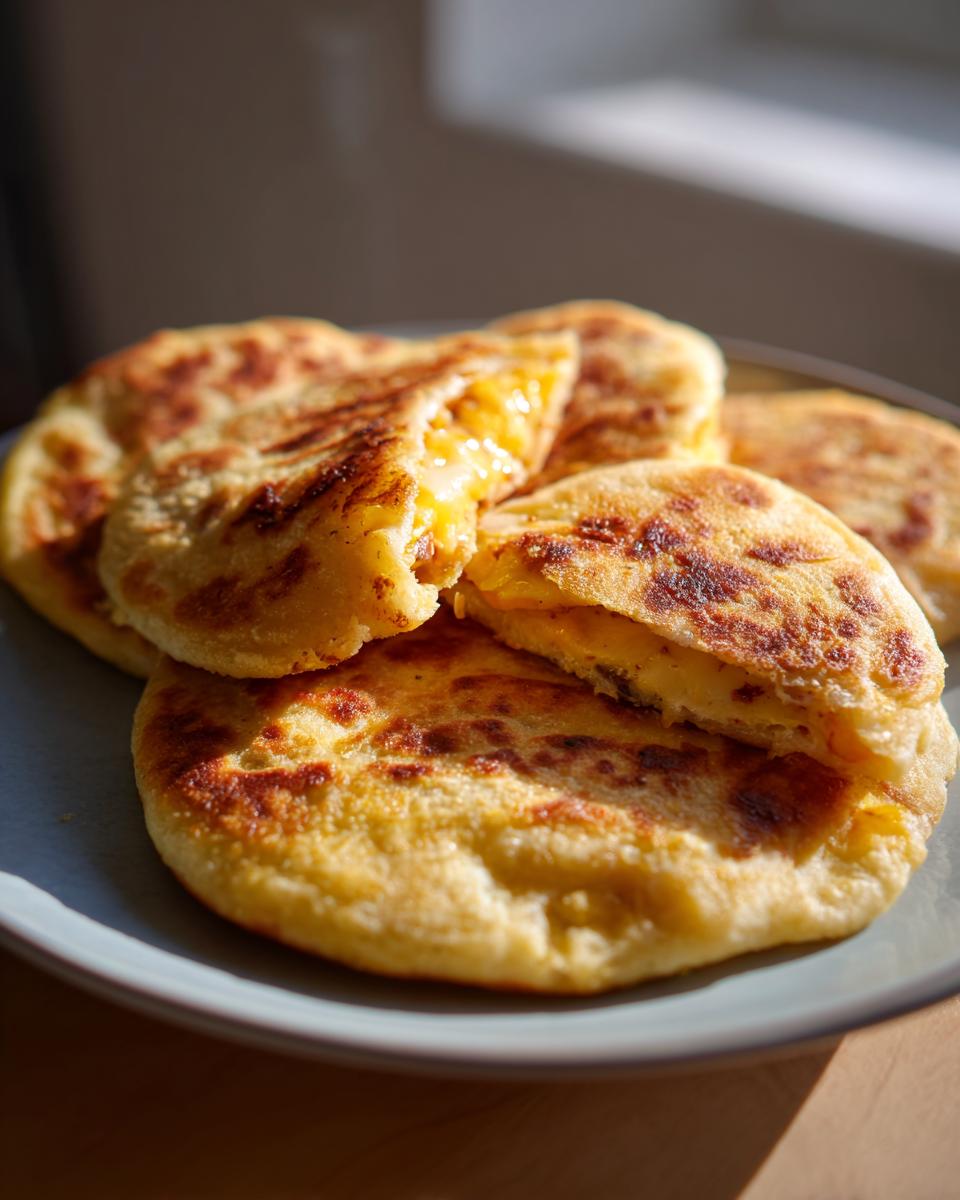 Pupusas salvadoreñas doradas con queso fundido en el interior en un plato blanco