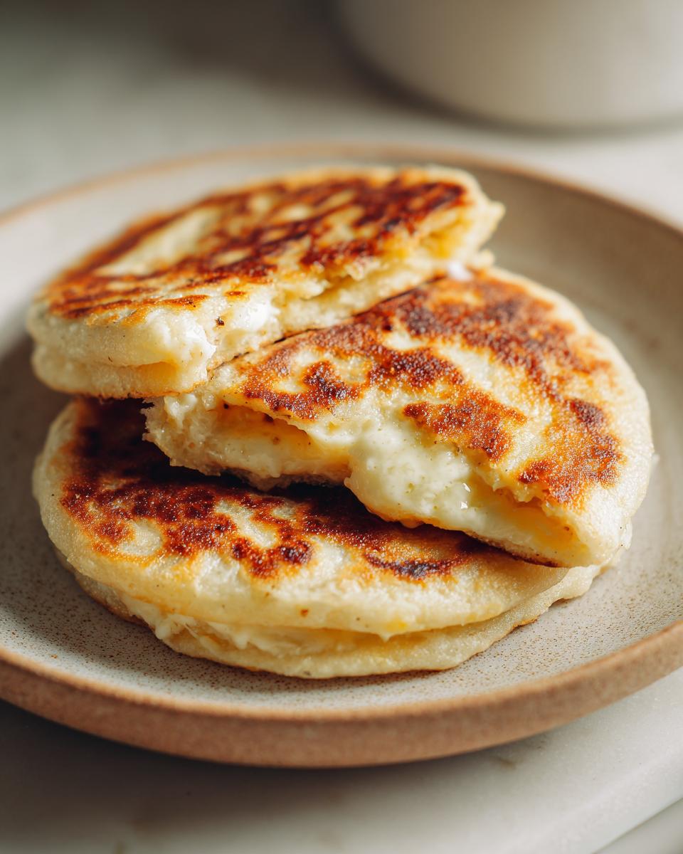 Pupusas salvadoreñas de queso doradas y rellenas en un plato marrón.