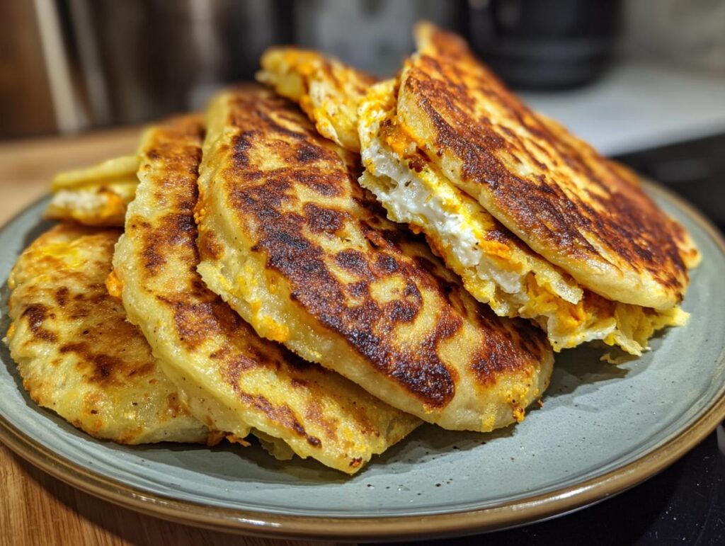 Pupusas salvadoreñas doradas y rellenas apiladas en un plato gris.