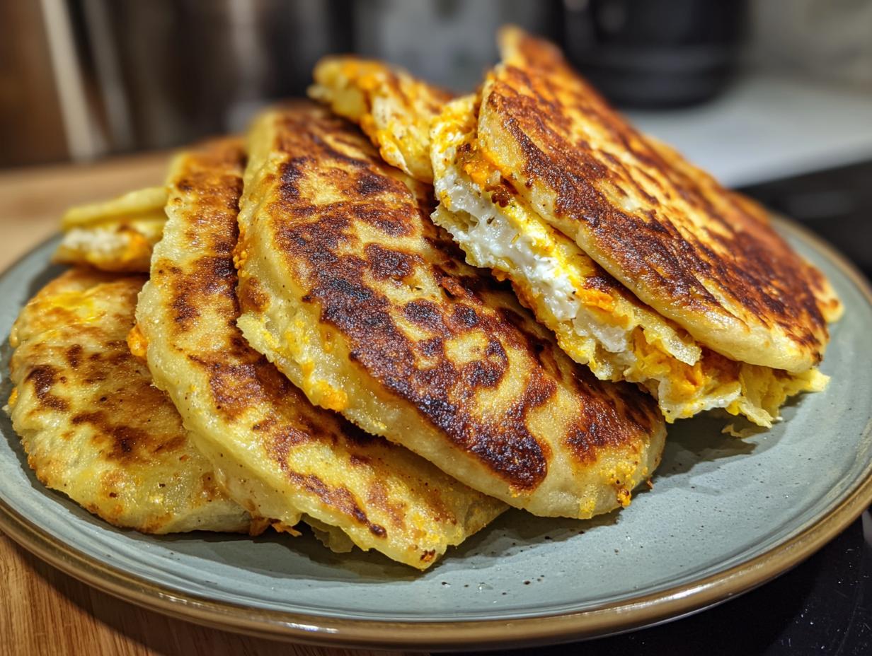 Pupusas salvadoreñas doradas y rellenas apiladas en un plato gris.