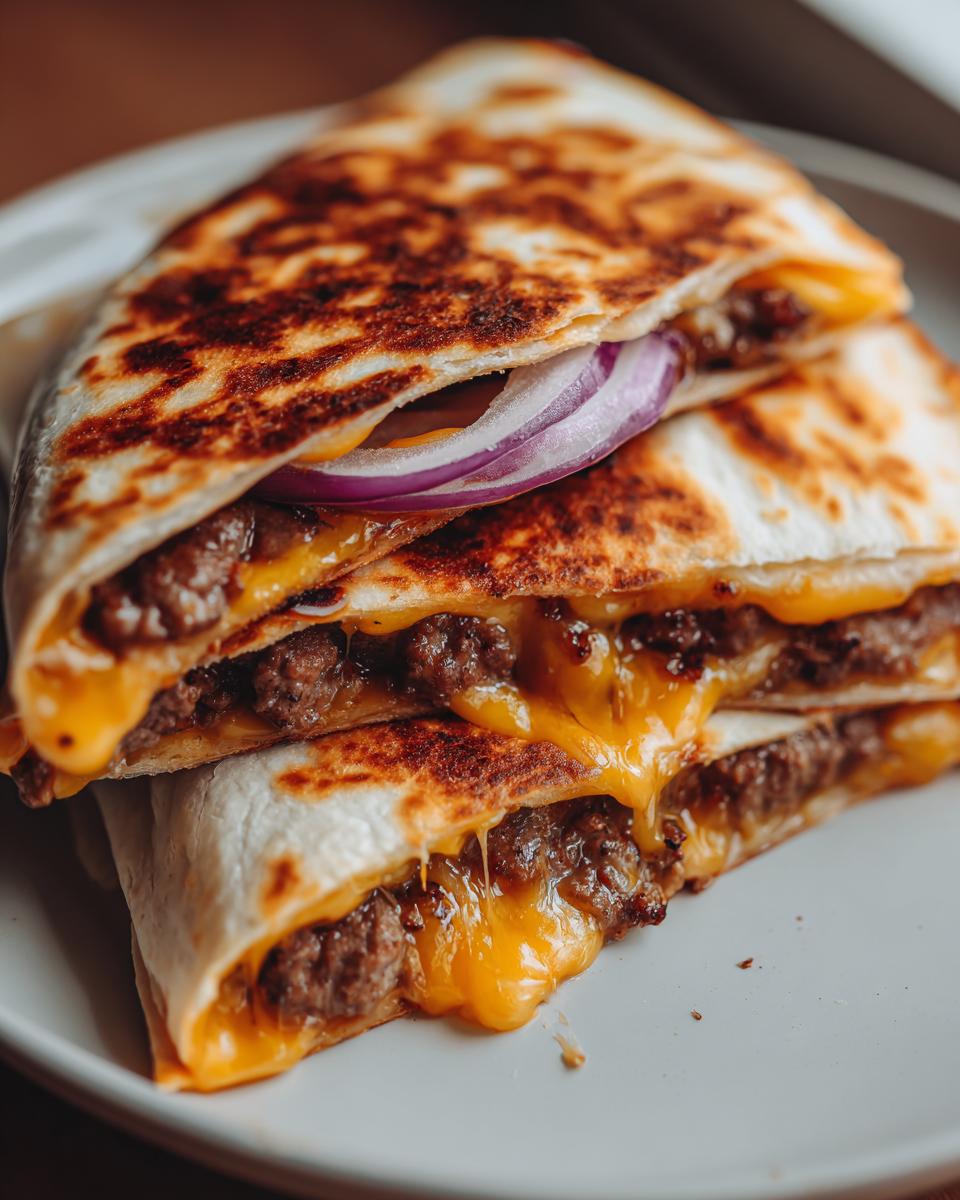 Quesadilla de hamburguesa con carne, queso cheddar derretido y rodajas de cebolla morada