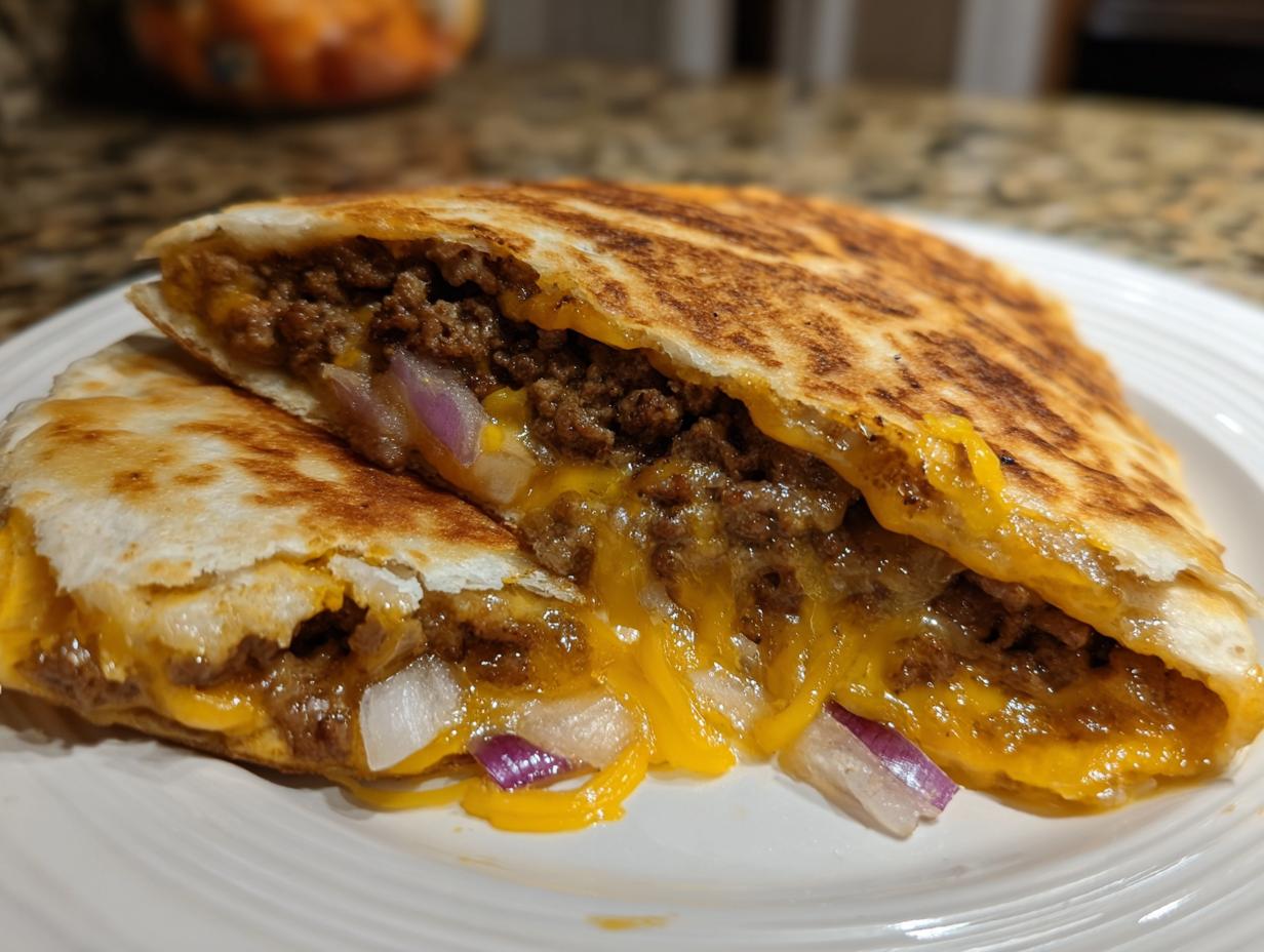 Quesadilla de hamburguesa con carne molida, queso cheddar derretido y cebolla morada en un plato blanco