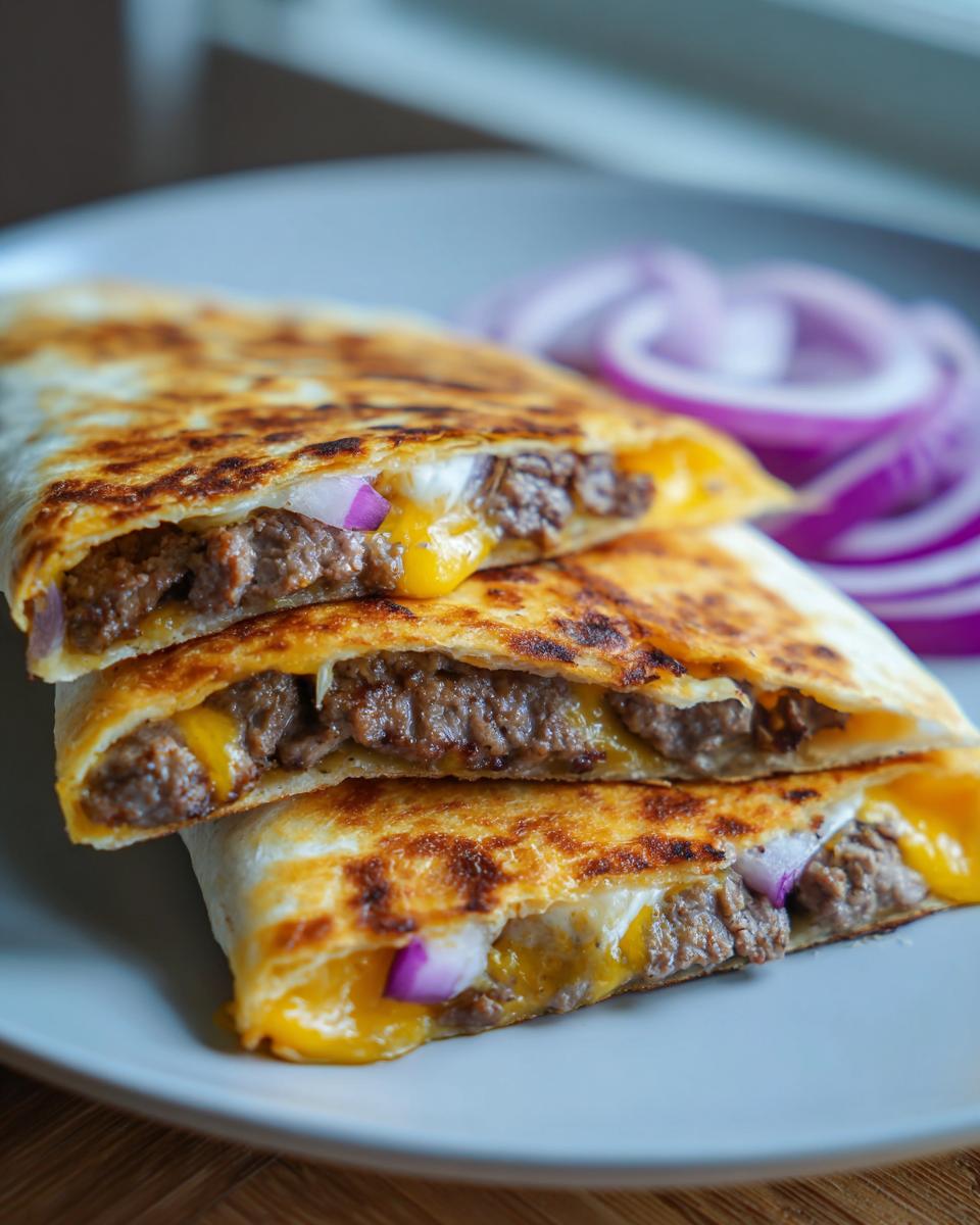 Quesadilla de hamburguesa con carne, queso derretido y cebolla morada en un plato gris.