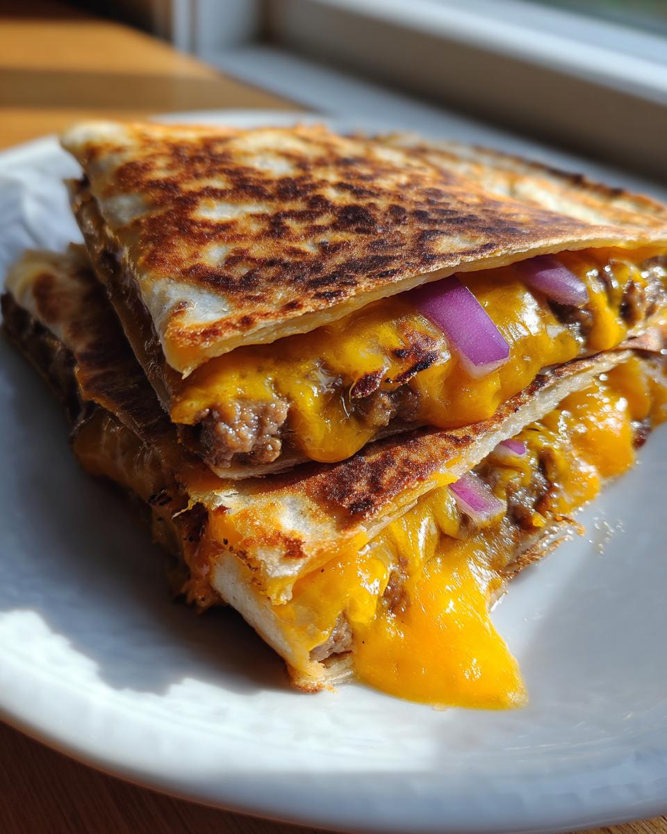 Quesadilla de hamburguesa con queso cheddar derretido y trozos de cebolla morada en plato blanco.