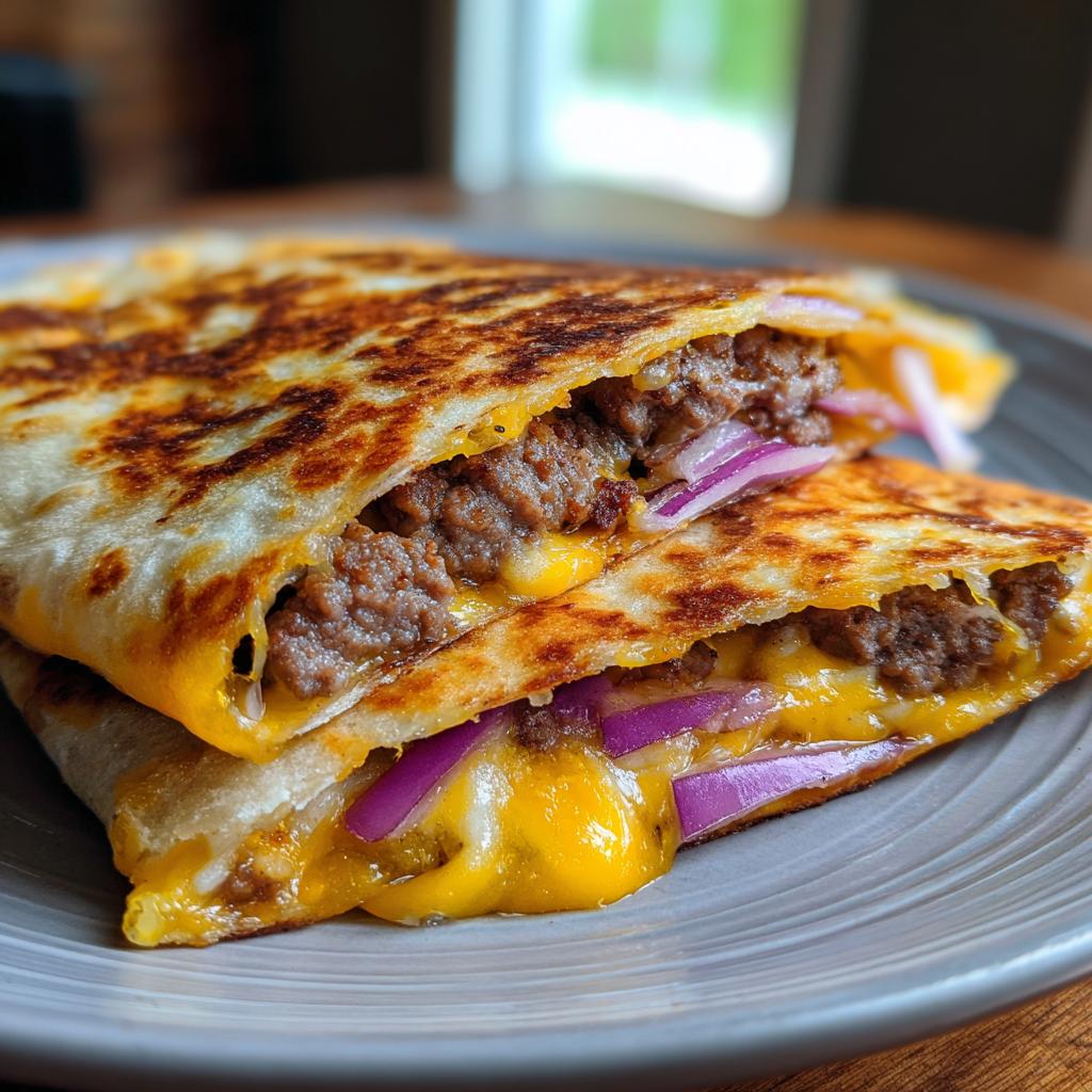 Quesadilla de hamburguesa con carne, queso derretido y cebolla morada en un plato.