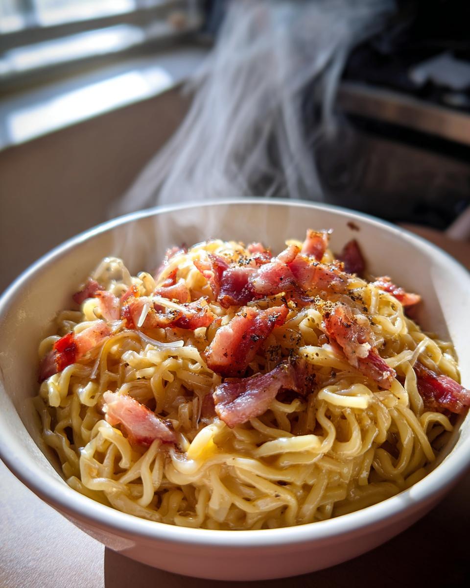 Tazón de ramen carbonara fusión con panceta crujiente y pimienta negra recién molida