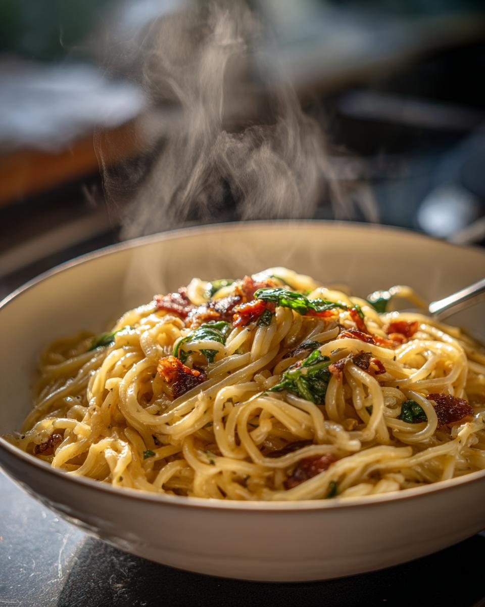 Ramen carbonara fusión humeante con espinacas y trozos de tocino en un tazón blanco.