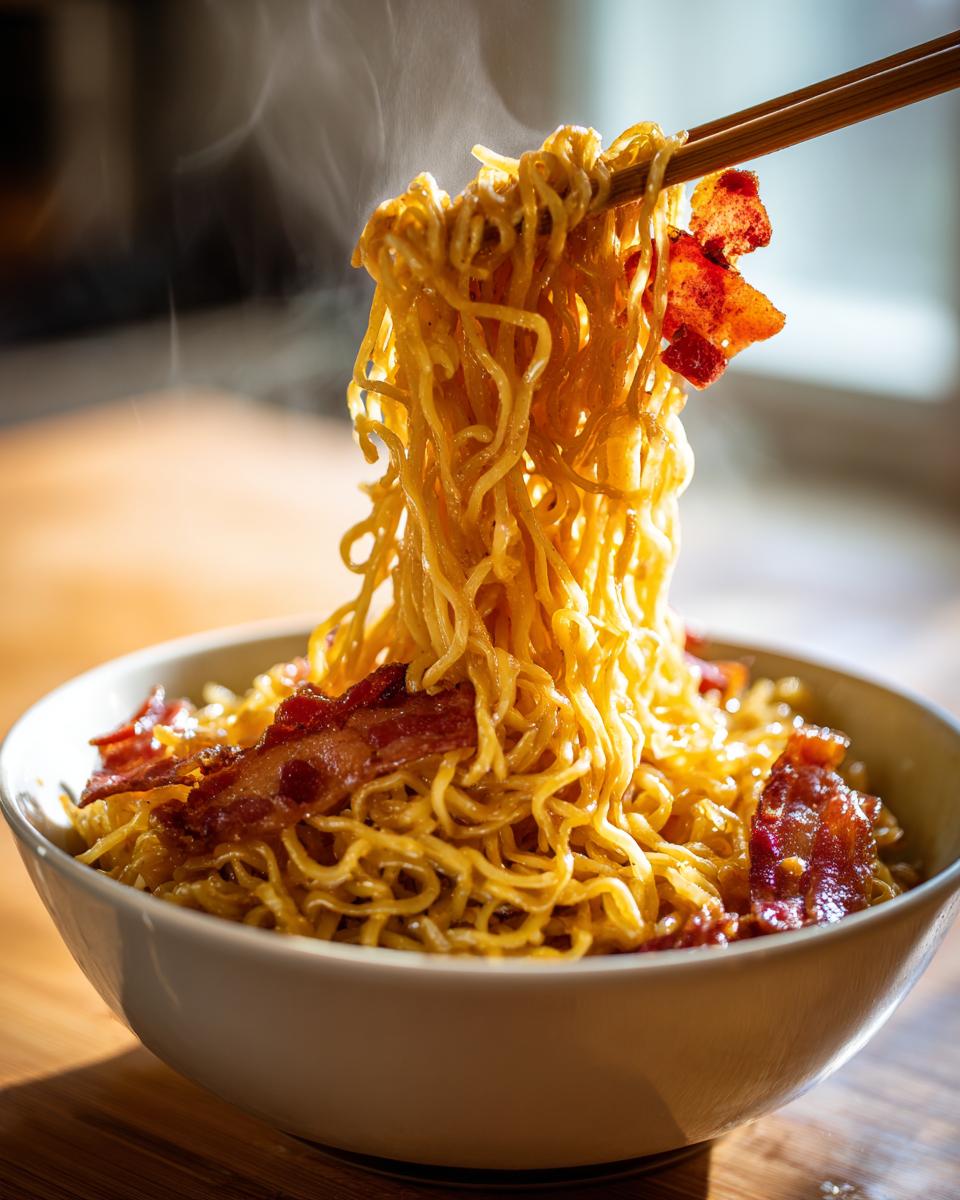 Tazón de ramen carbonara fusión con fideos y tocino crujiente alzados con palillos