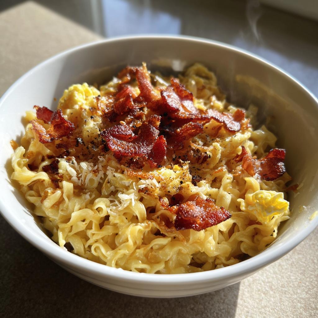 Tazón de ramen carbonara fusión con tocino crujiente y queso rallado