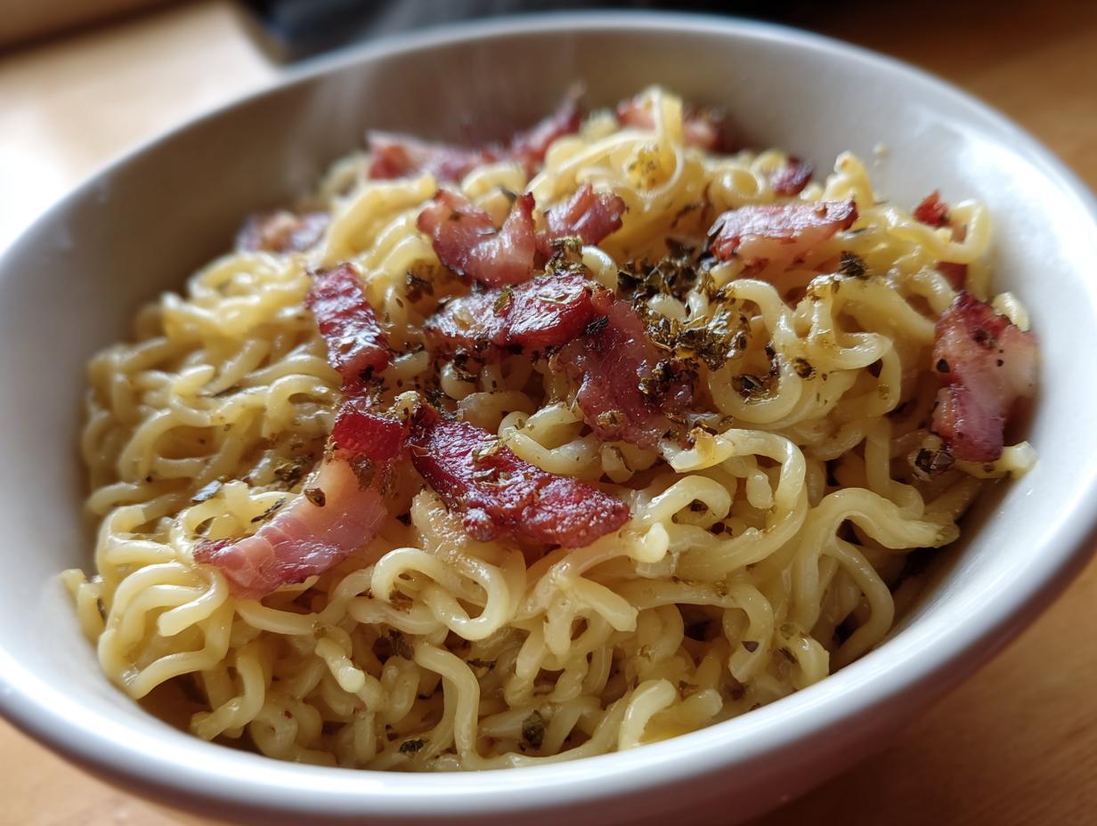 Tazón de ramen carbonara fusión con fideos y trozos de tocino crujiente
