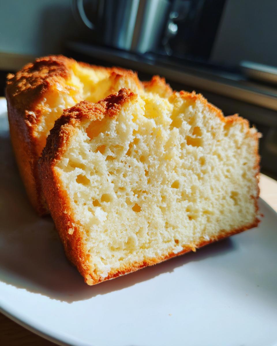 Primer plano de una rebanada de bizcocho de yogur casero esponjoso en un plato blanco.