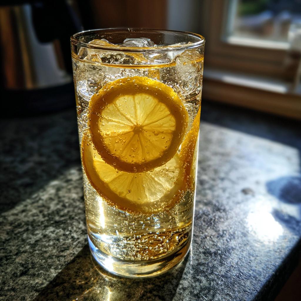 Vaso con receta de rebujito, rodajas de limón y hielo sobre superficie de granito