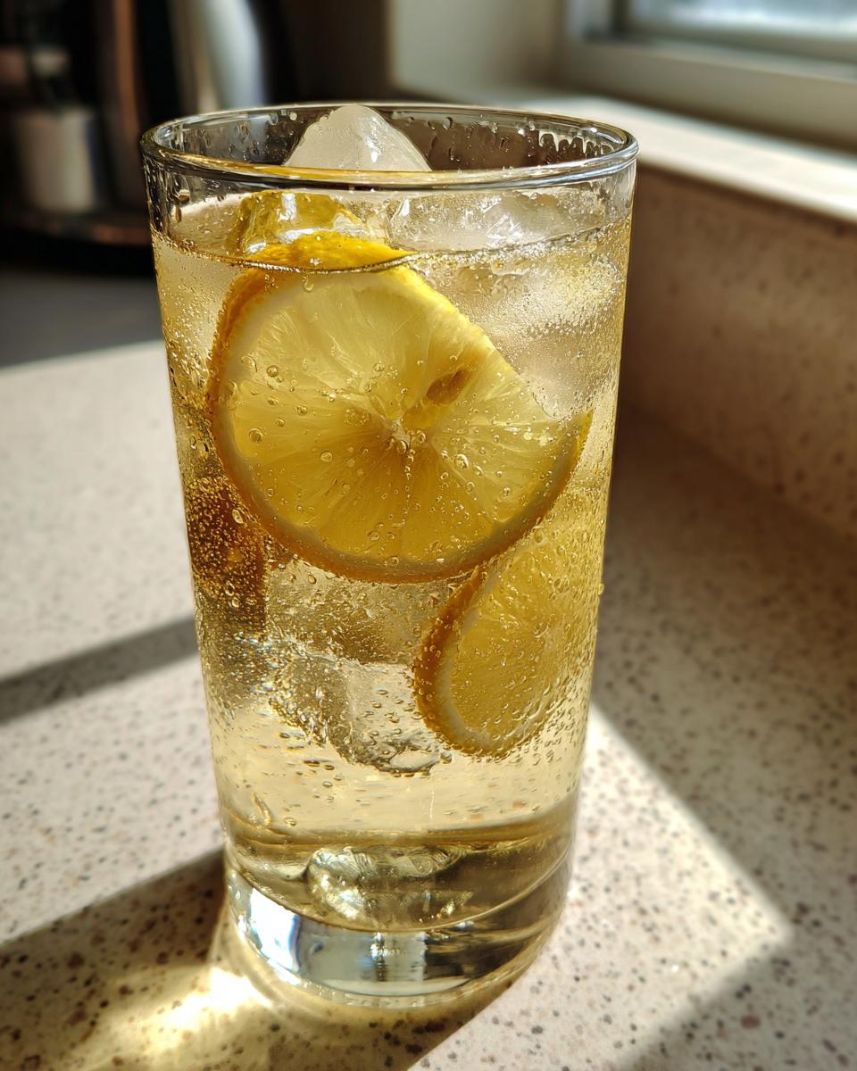Vaso con receta de rebujito feria con rodajas de limón y cubitos de hielo
