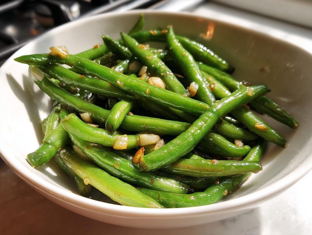 Habas tiernas salteadas con trozos de ajo en un plato blanco