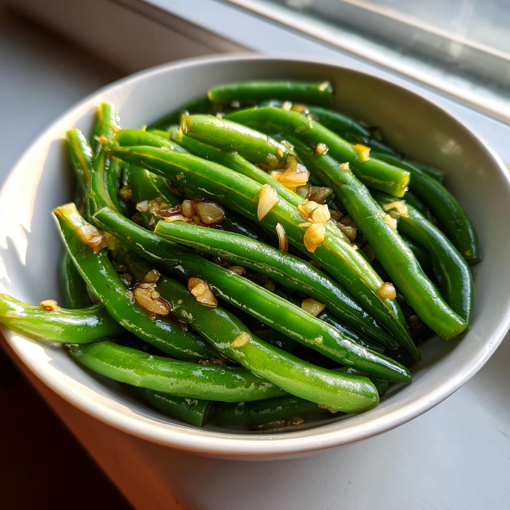 Plato de habas tiernas salteadas con ajo en un bol blanco cerca de una ventana