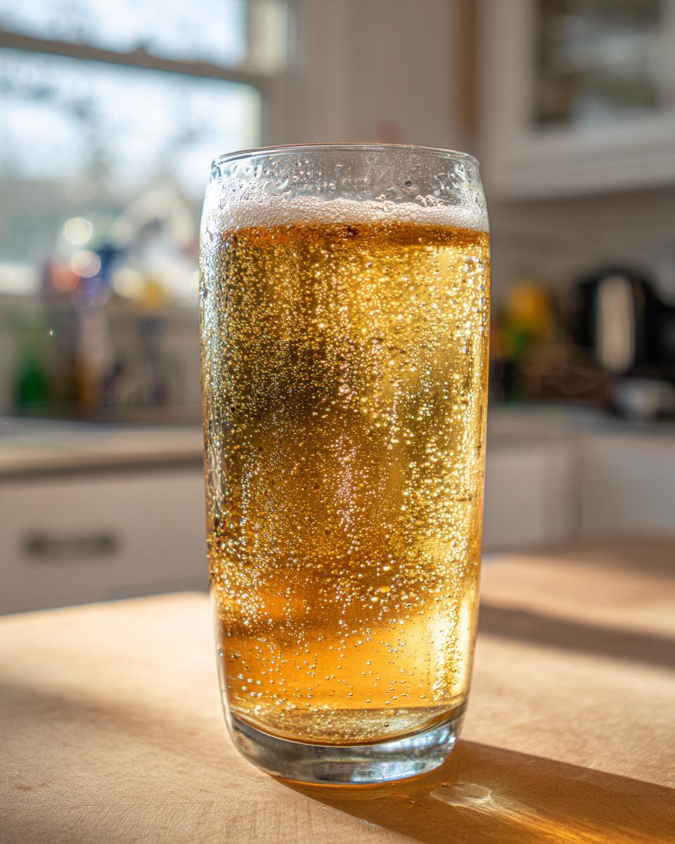 Vaso lleno de refresco casero tipo cream soda con burbujas visibles en cocina iluminada