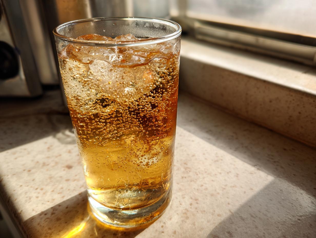 Vaso con refresco casero tipo cream soda y cubos de hielo burbujeante