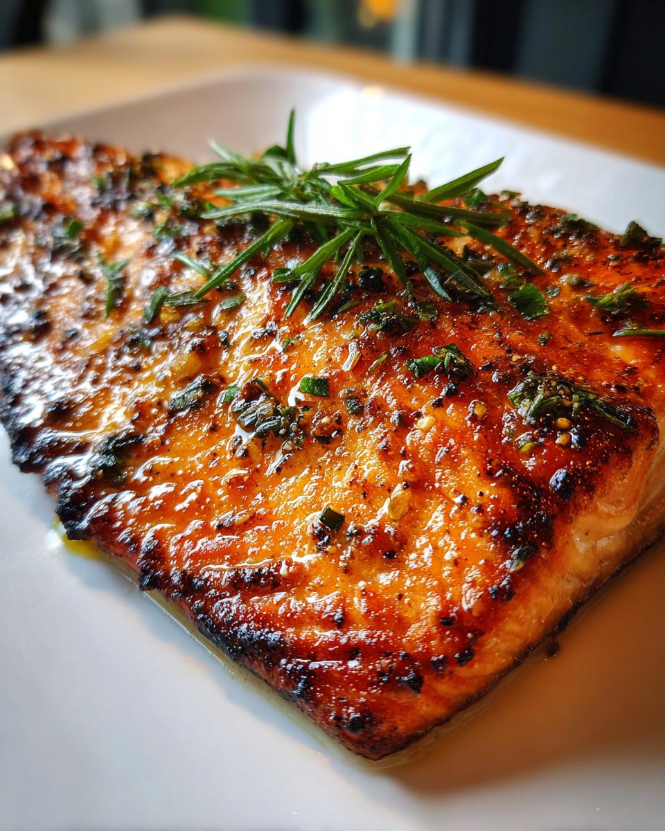 Filete de salmón a la plancha dorado con hierbas frescas encima en un plato blanco.